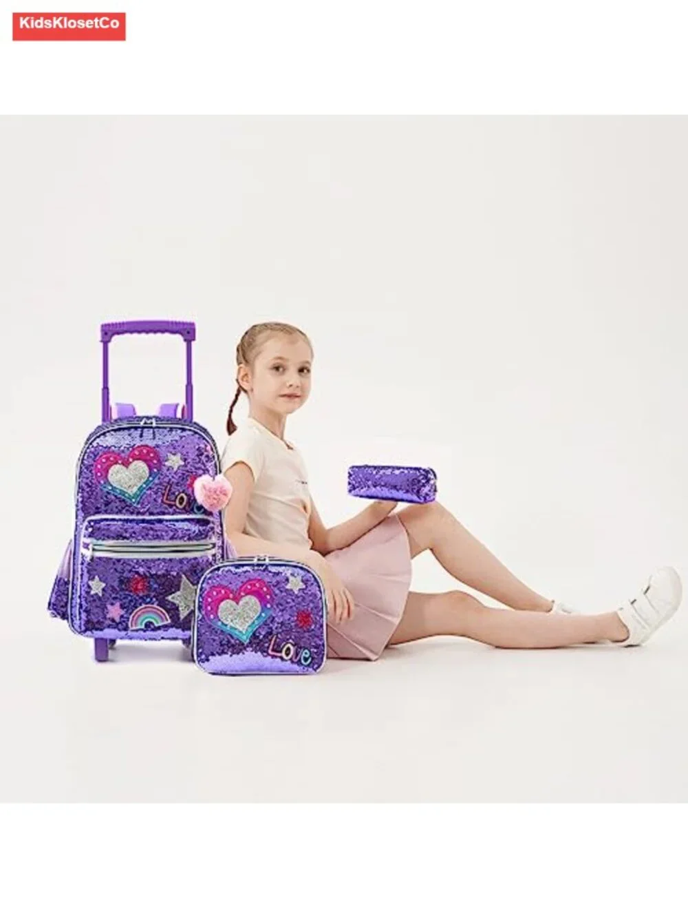 Rolling Backpack with Wheels for Kids Sequin Girls School Luggage with Lunch